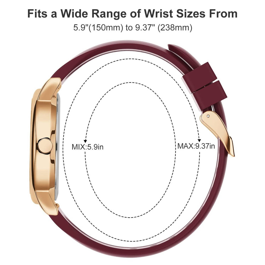 Nurse watch back view with wine-red strap, rose-gold case, side profile and band holes