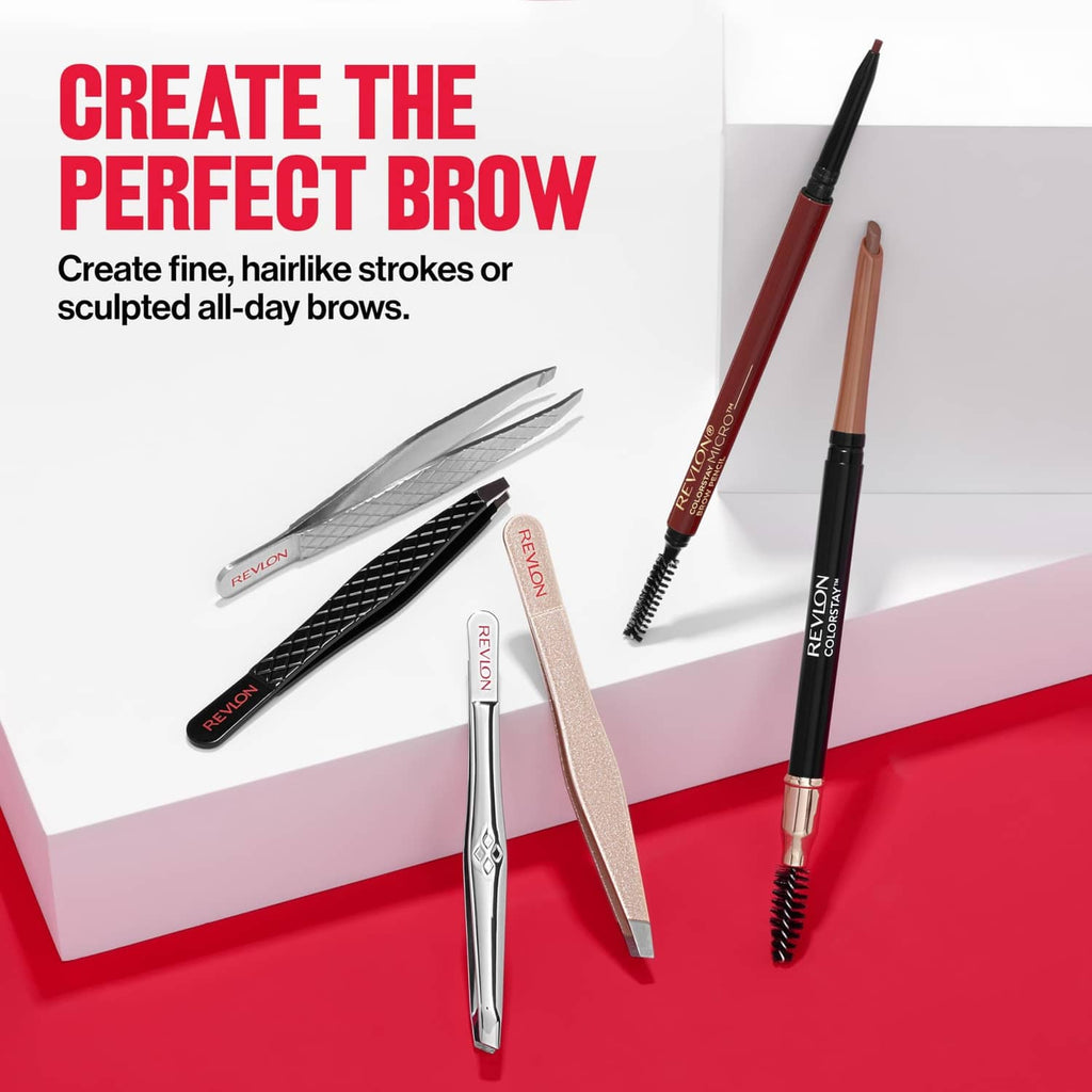 Revlon slant tweezer with angled jaws, silver metal with reflective finish