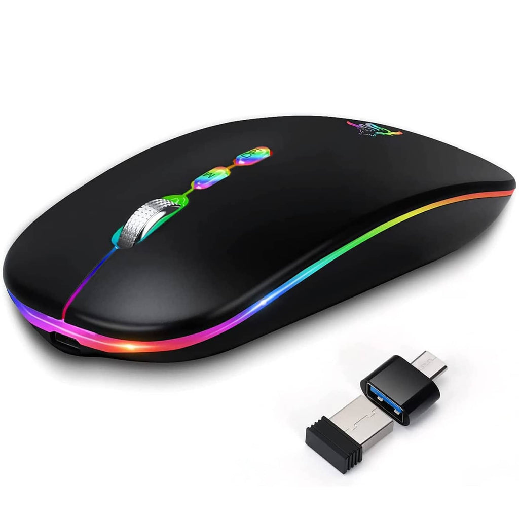 Black wireless optical mouse with rainbow RGB lighting and USB wireless receiver