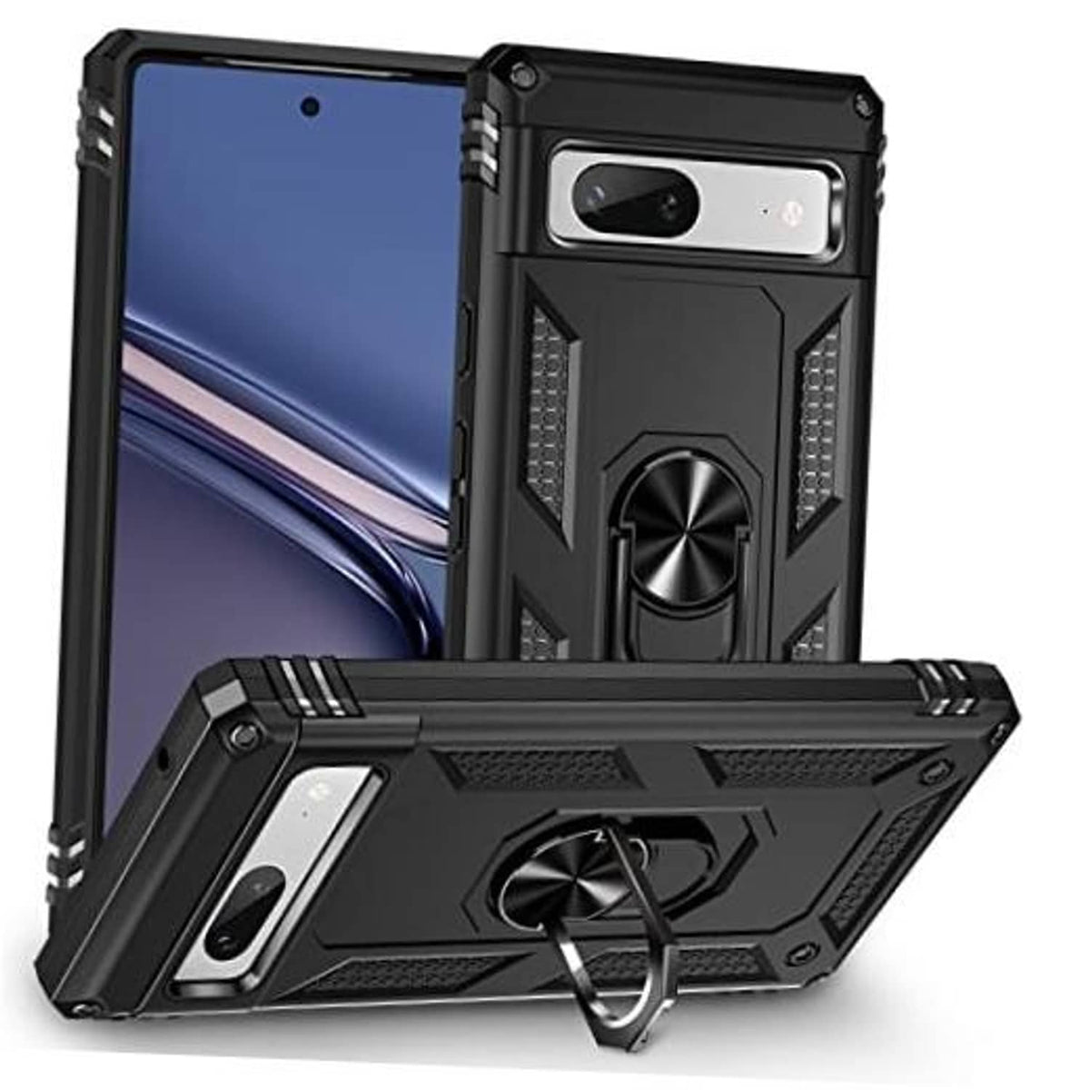 Rugged black phone case with ring kickstand and raised camera cutout