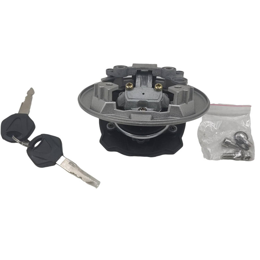Fuel tank gas cap underside with keys, silver cap housing and mounting hardware