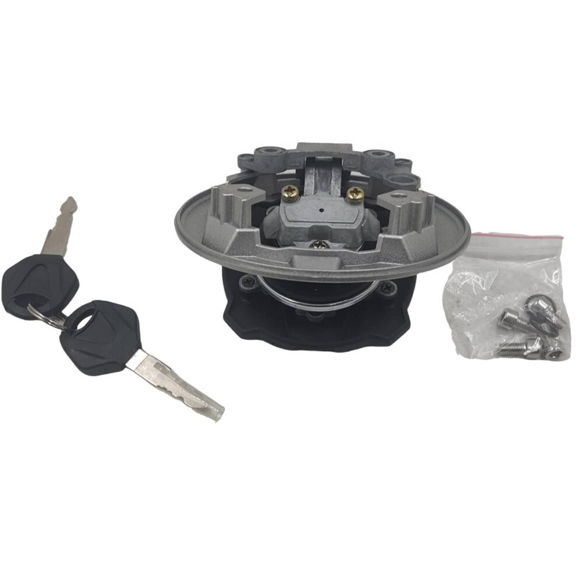 Fuel tank gas cap underside with keys, silver cap housing and mounting hardware