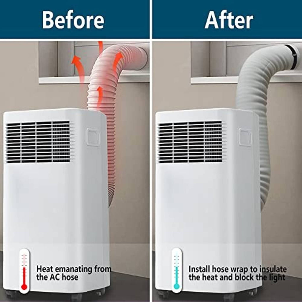Gray AC hose wrap installed on white exhaust hose, covers and insulates the vent