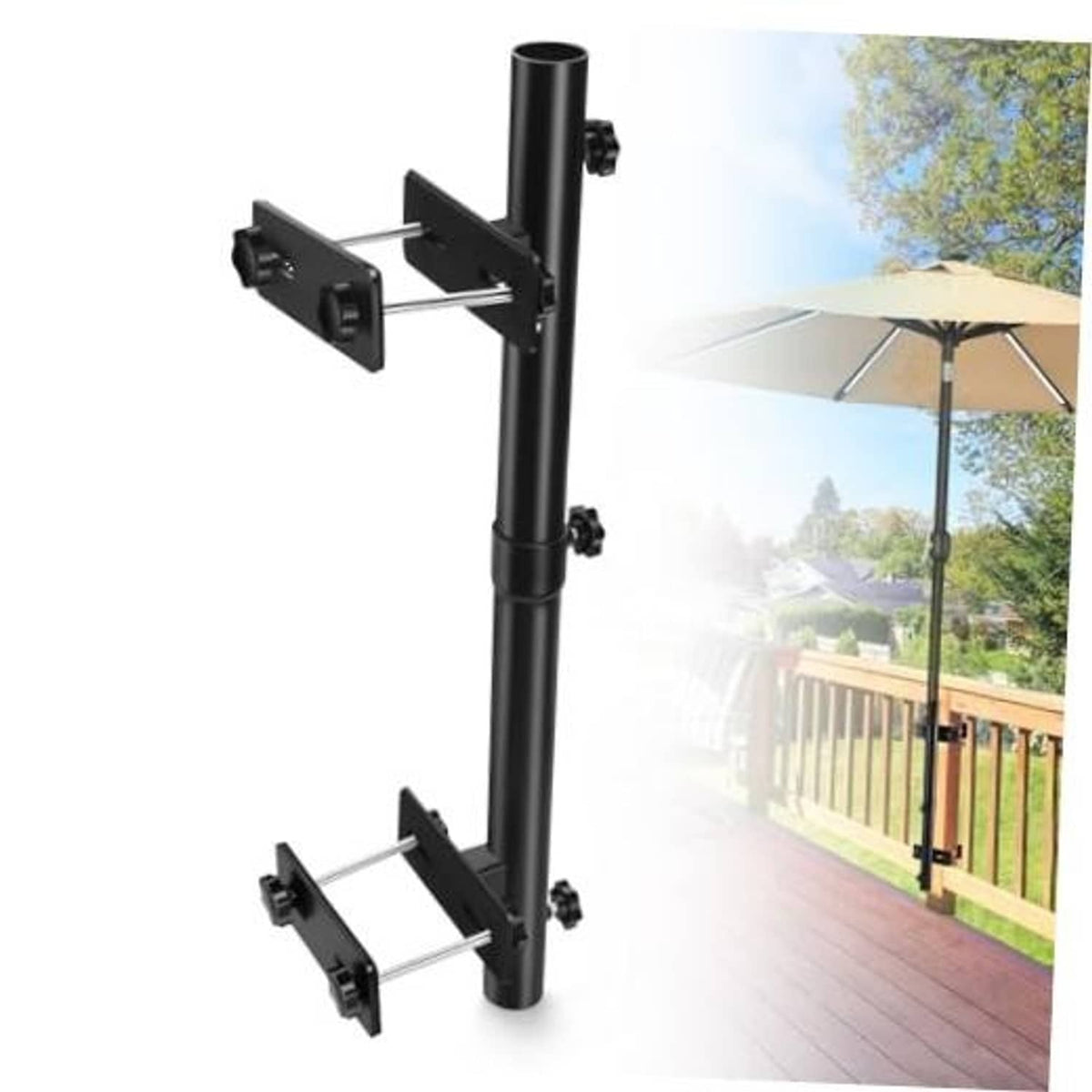 Adjustable black steel patio umbrella holder with two clamp arms for railing posts