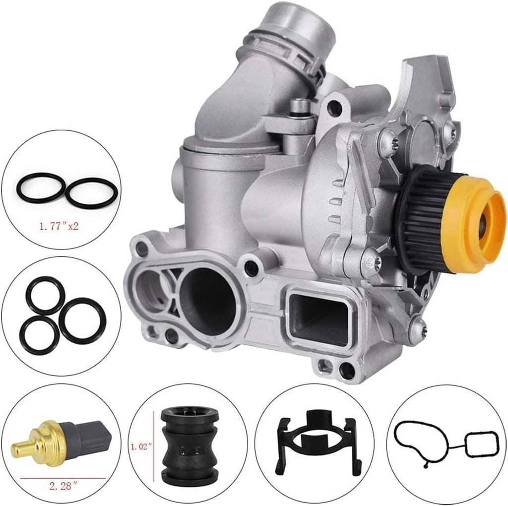 Automotive water pump and thermostat housing, silver metal with yellow seal