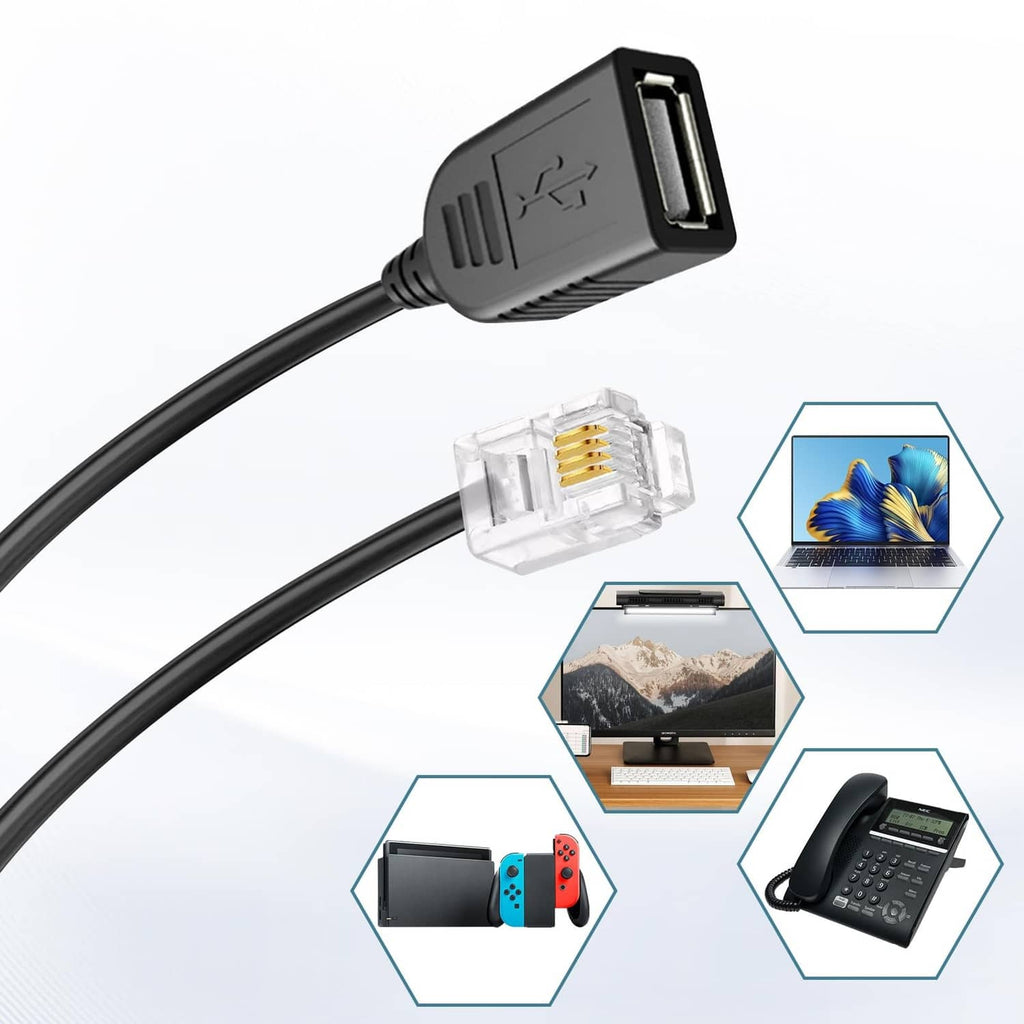 Black adapter cable with USB-A plug and RJ11 6P4C modular end