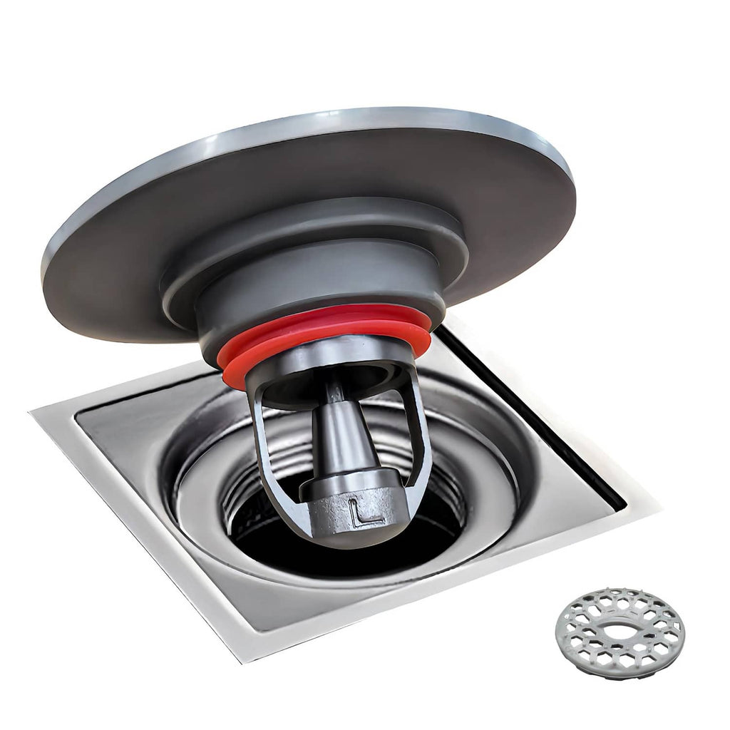 Black shower drain backflow preventer with red silicone seal and metal strainer