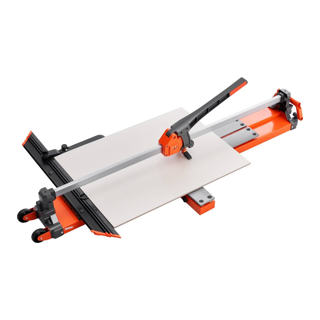 Manual tile cutter holding light tiles with gray rails and orange cutting base