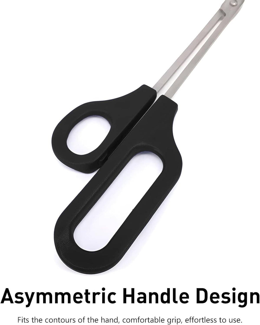 Long-handled toenail scissors showing asymmetrical black handle loops and silver blades
