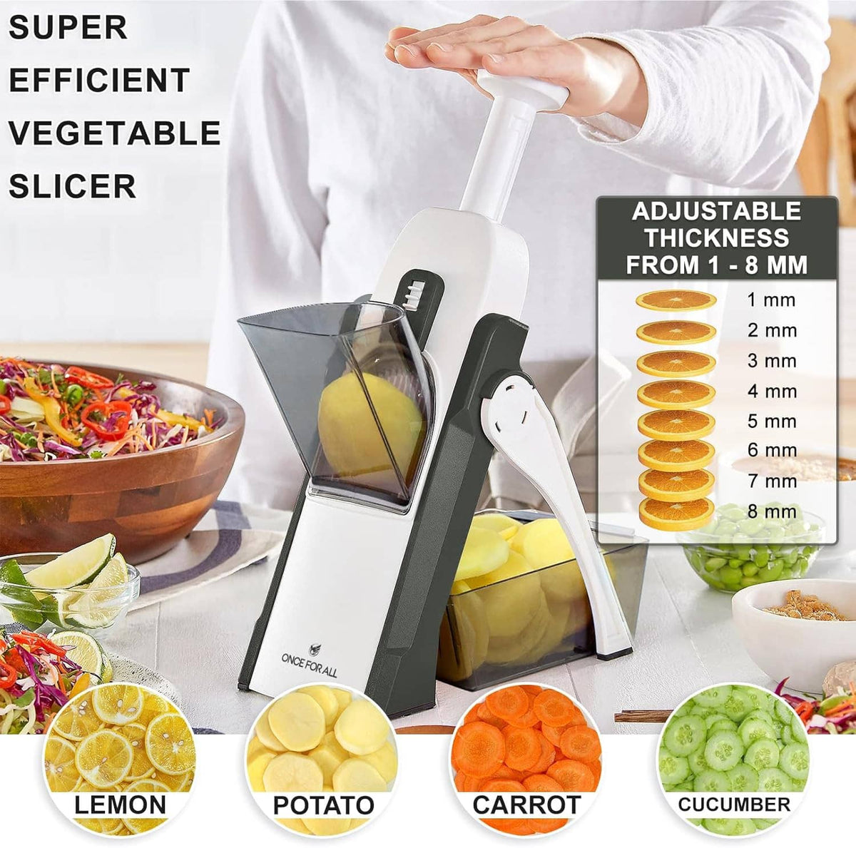 Professional vegetable mandoline slicer with adjustable thickness guide and food tray