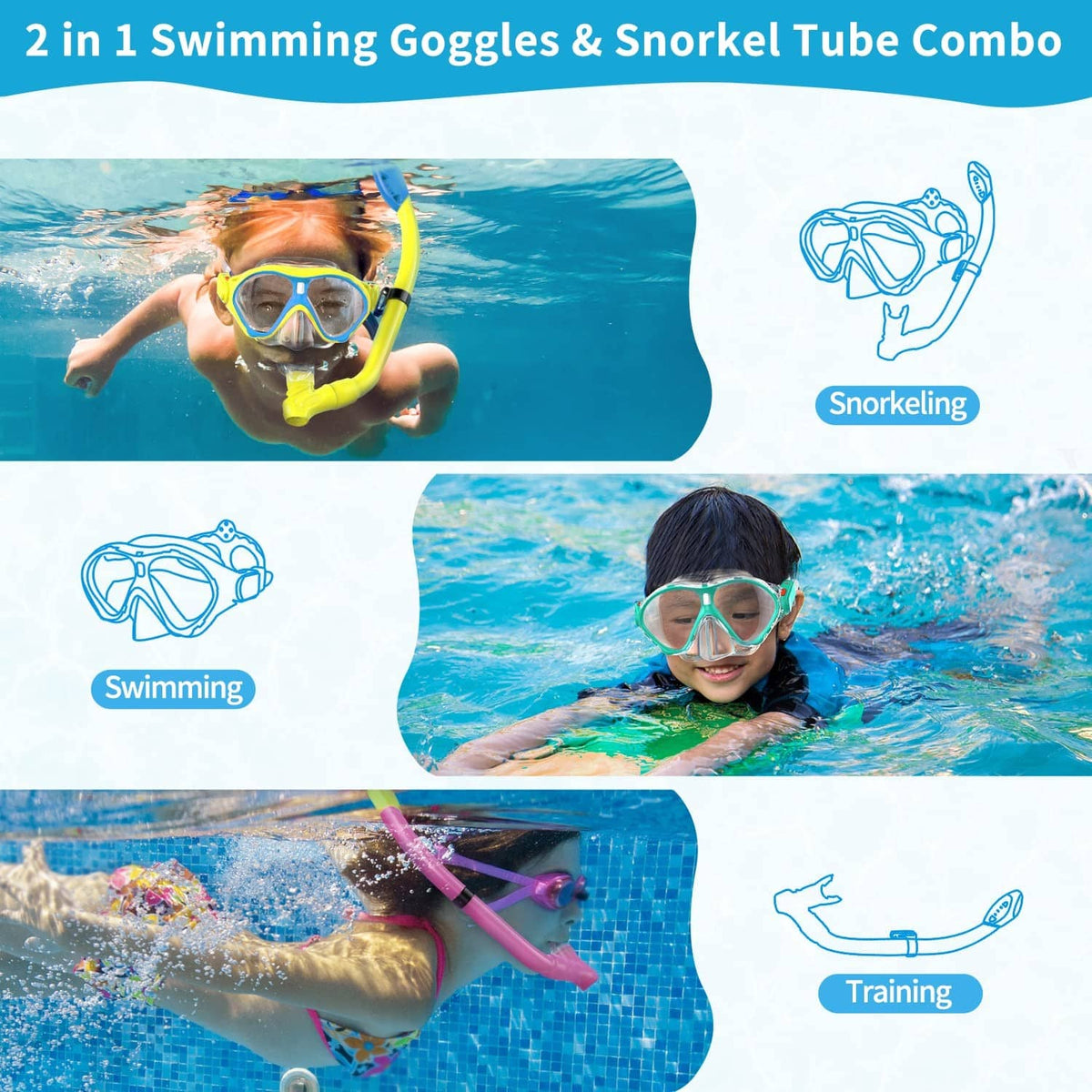 Kids 2-in-1 swimming goggles and snorkel tube combo in yellow and blue