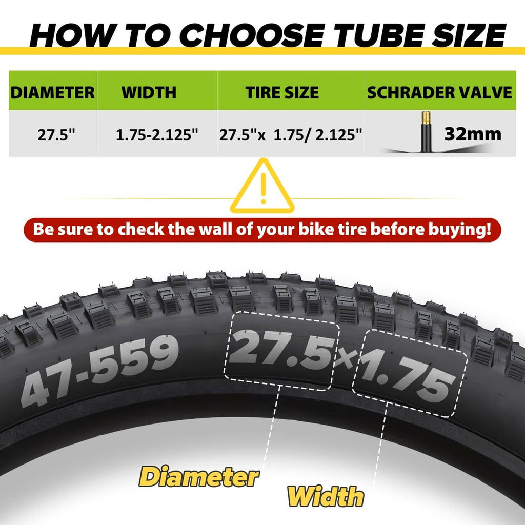 Bike inner tube size guide: 27.5-inch diameter, 1.75–2.125 width, 32mm Schrader