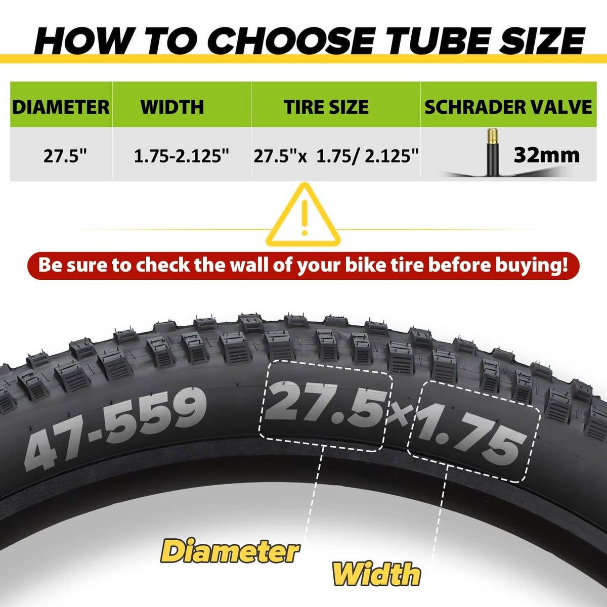 Bike inner tube size guide: 27.5-inch diameter, 1.75–2.125 width, 32mm Schrader