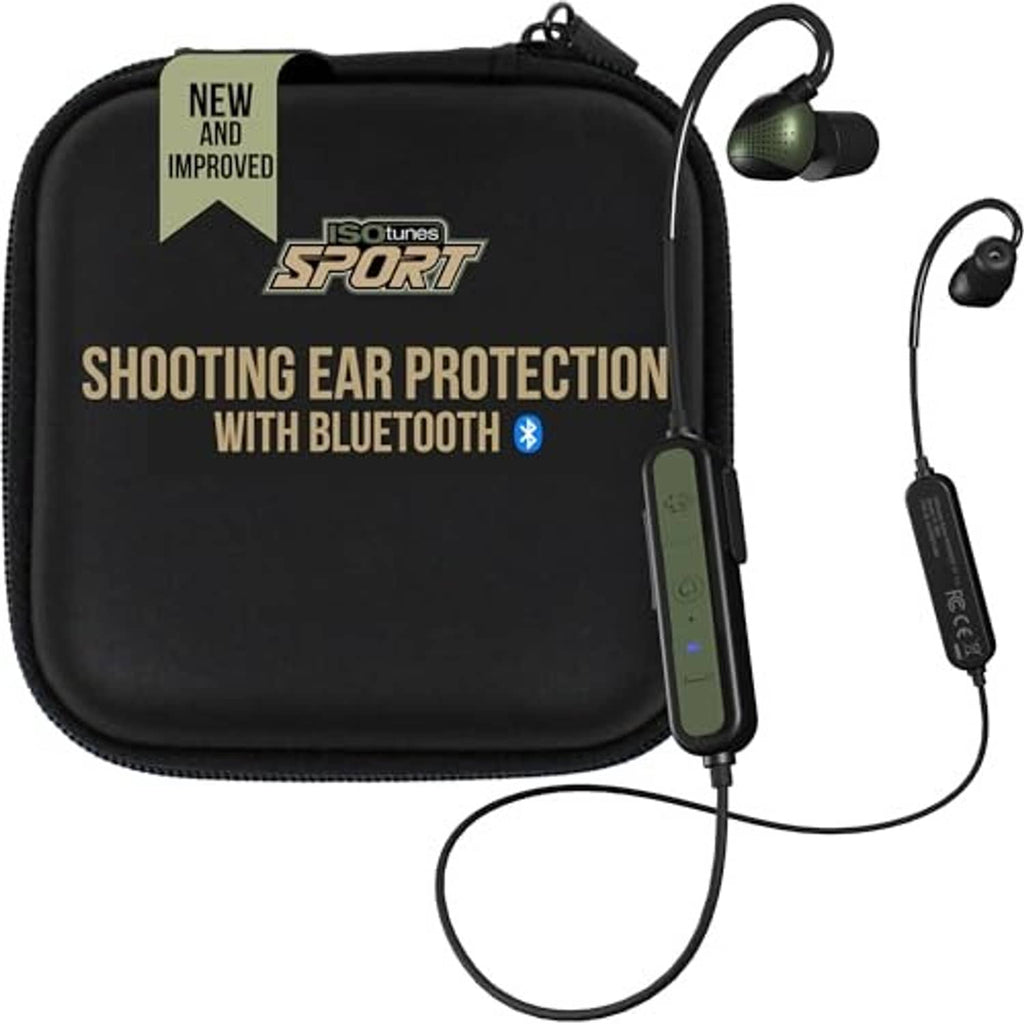 Black zip case with Bluetooth shooting ear protection, green control module, and earbuds