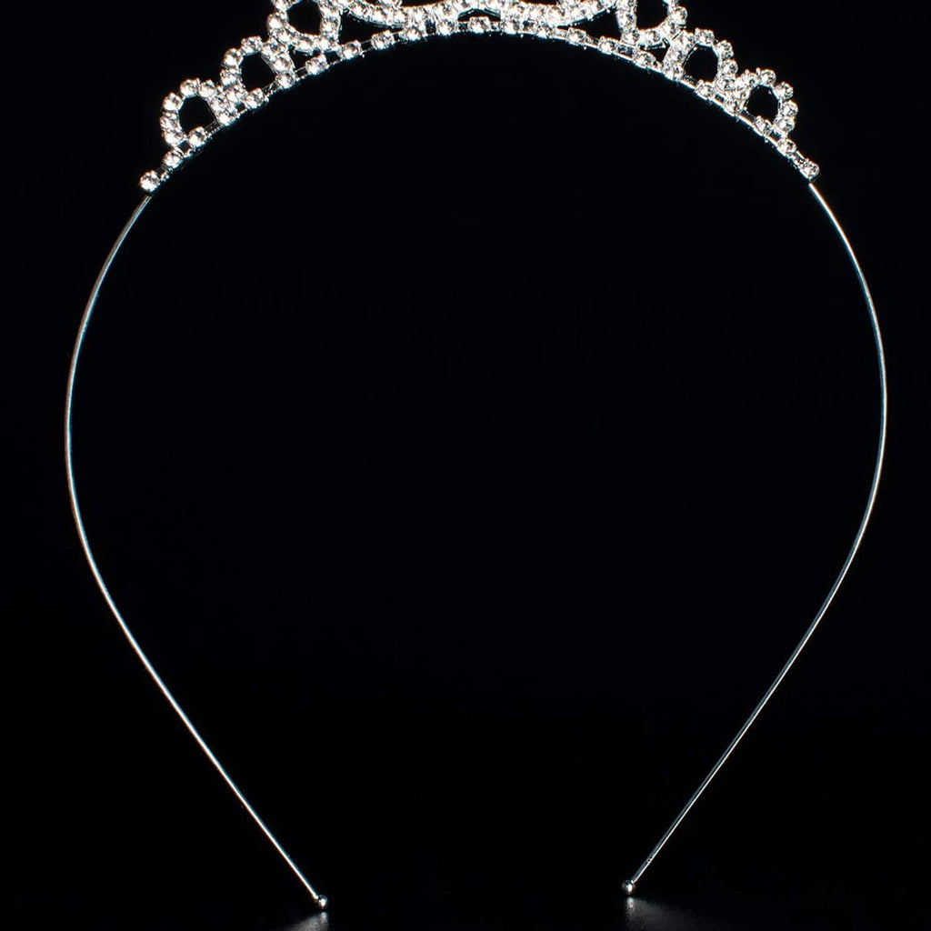 Rhinestone tiara headband with curved band and crown outline, heart motif