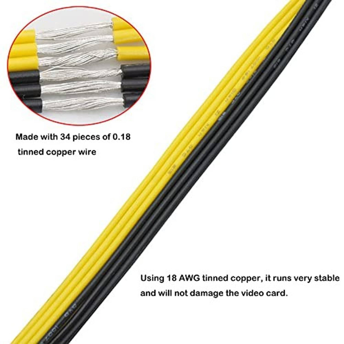 SATA 15-pin to 6-pin power cable, yellow/black wires close-up of copper strands