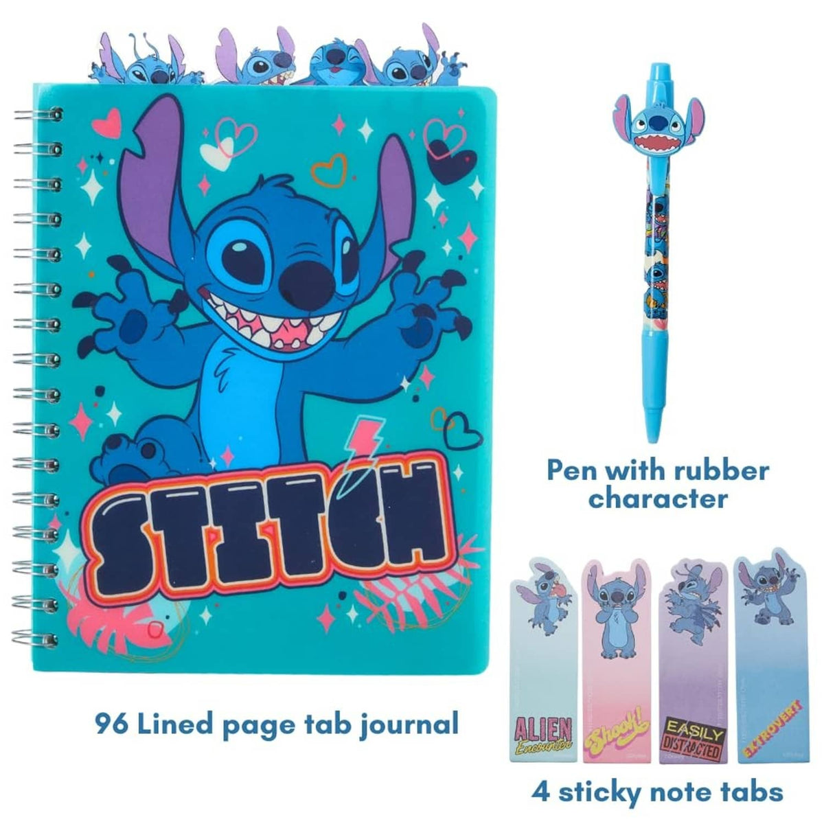 Teal Stitch spiral tab journal with matching blue pen and colorful sticky note tabs.