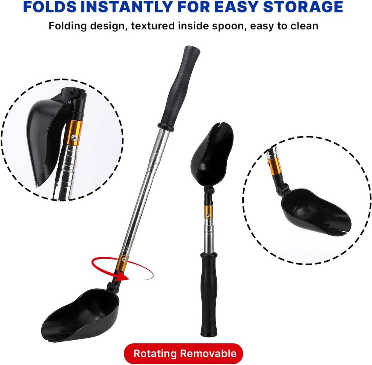 Telescopic urine collector with folding black scoop ends and adjustable stainless handle