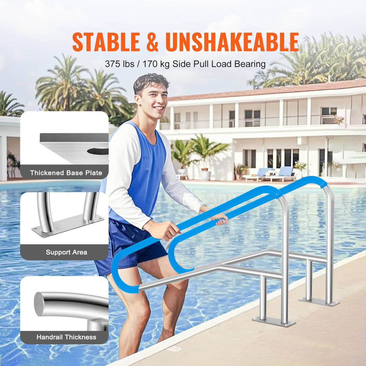Stainless steel pool handrail with blue grip and thick base plate for secure mounting