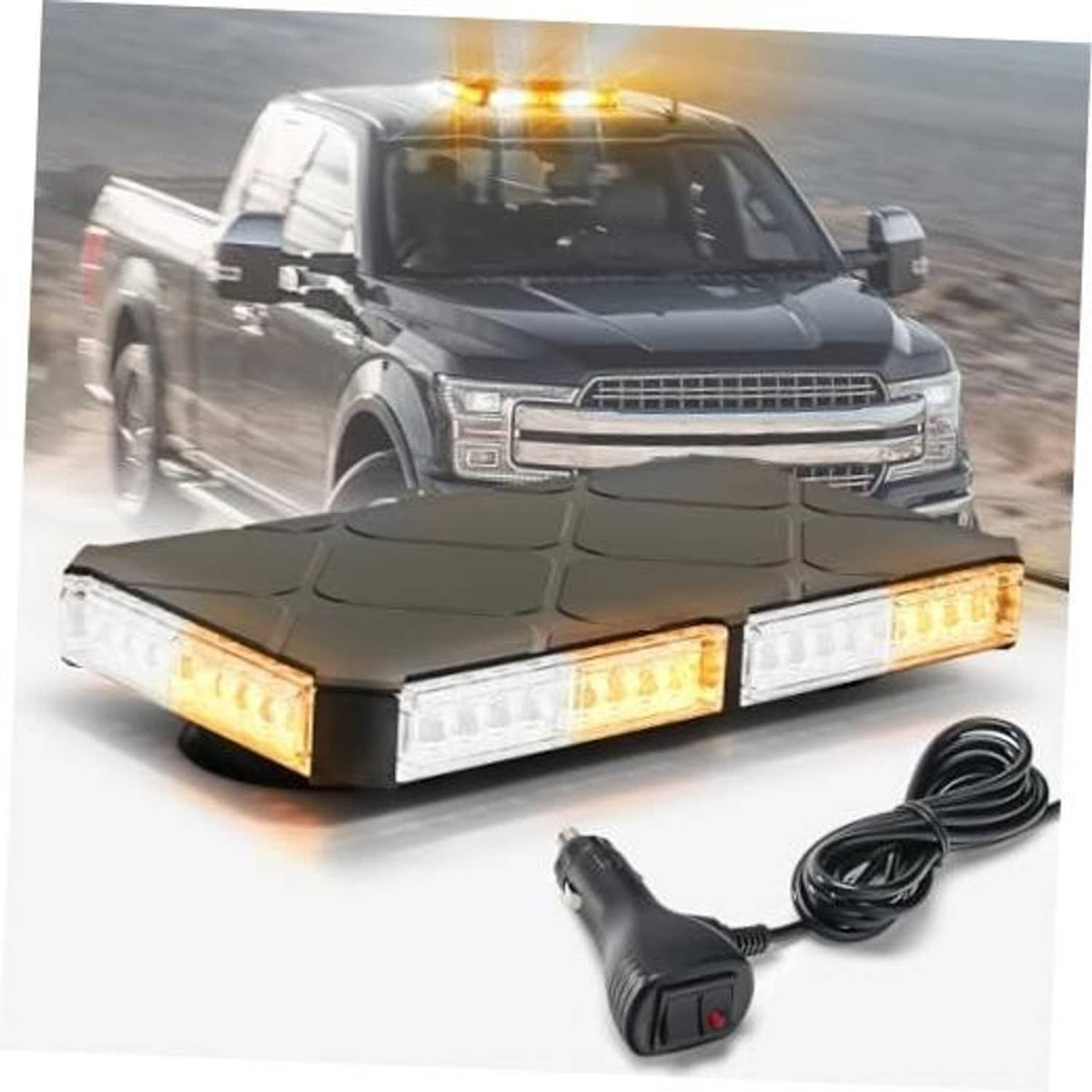 Truck rooftop magnetic strobe lights with amber and white lens, plus power cable