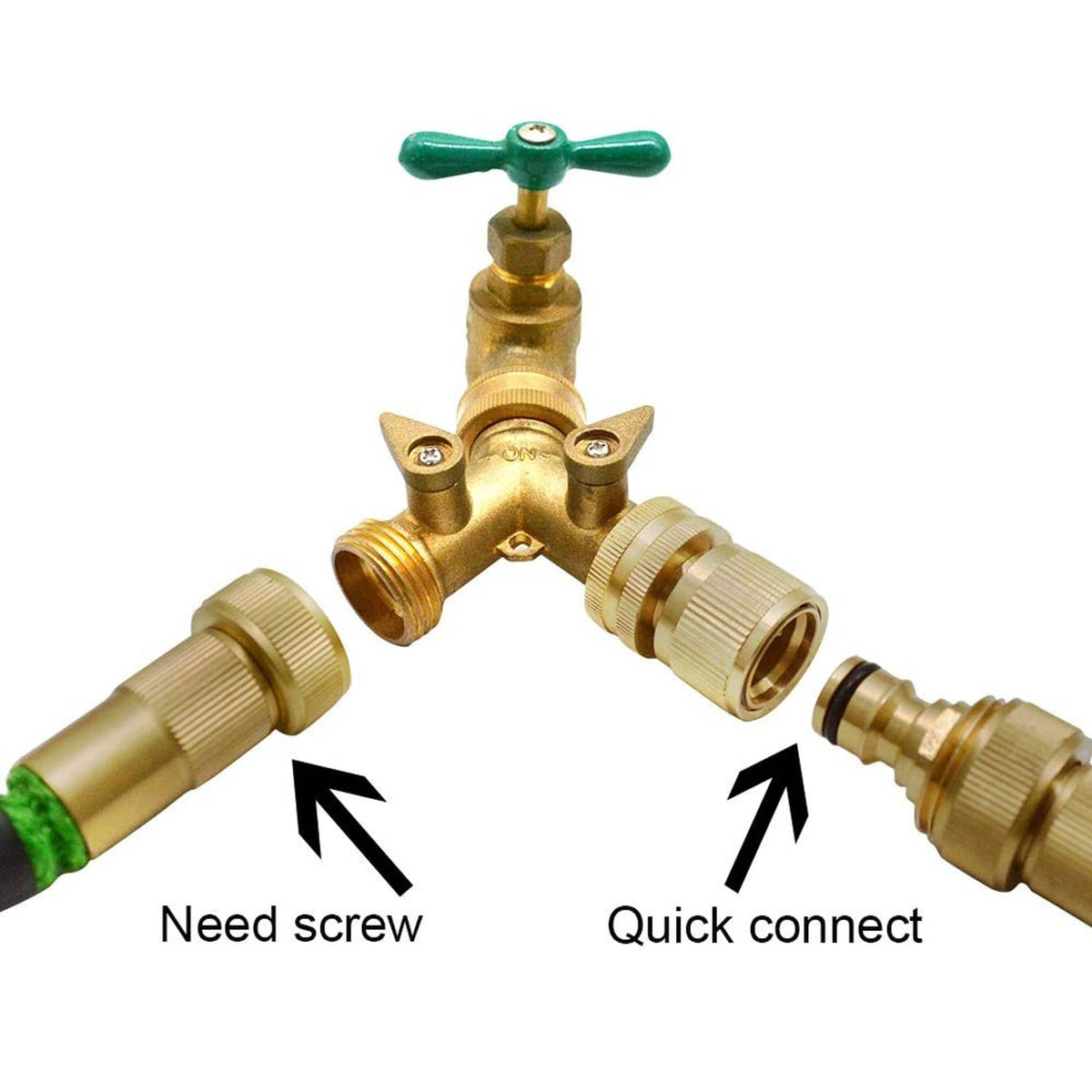Solid brass garden hose quick-connect T valve with green handle and two threaded ports