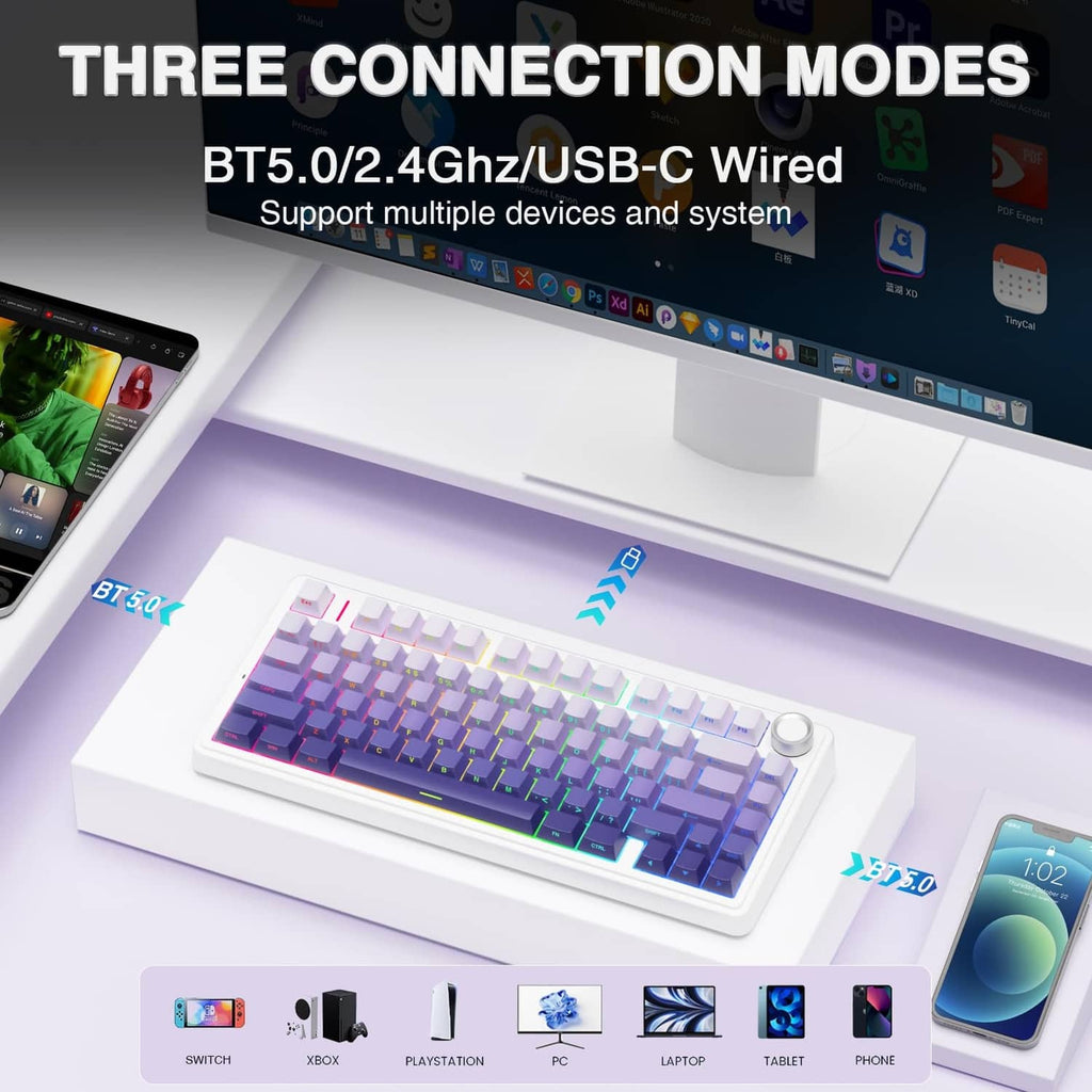 75% wireless mechanical keyboard on base, white case with RGB gradient key lighting