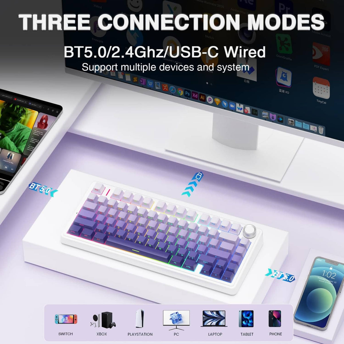 75% wireless mechanical keyboard on base, white case with RGB gradient key lighting
