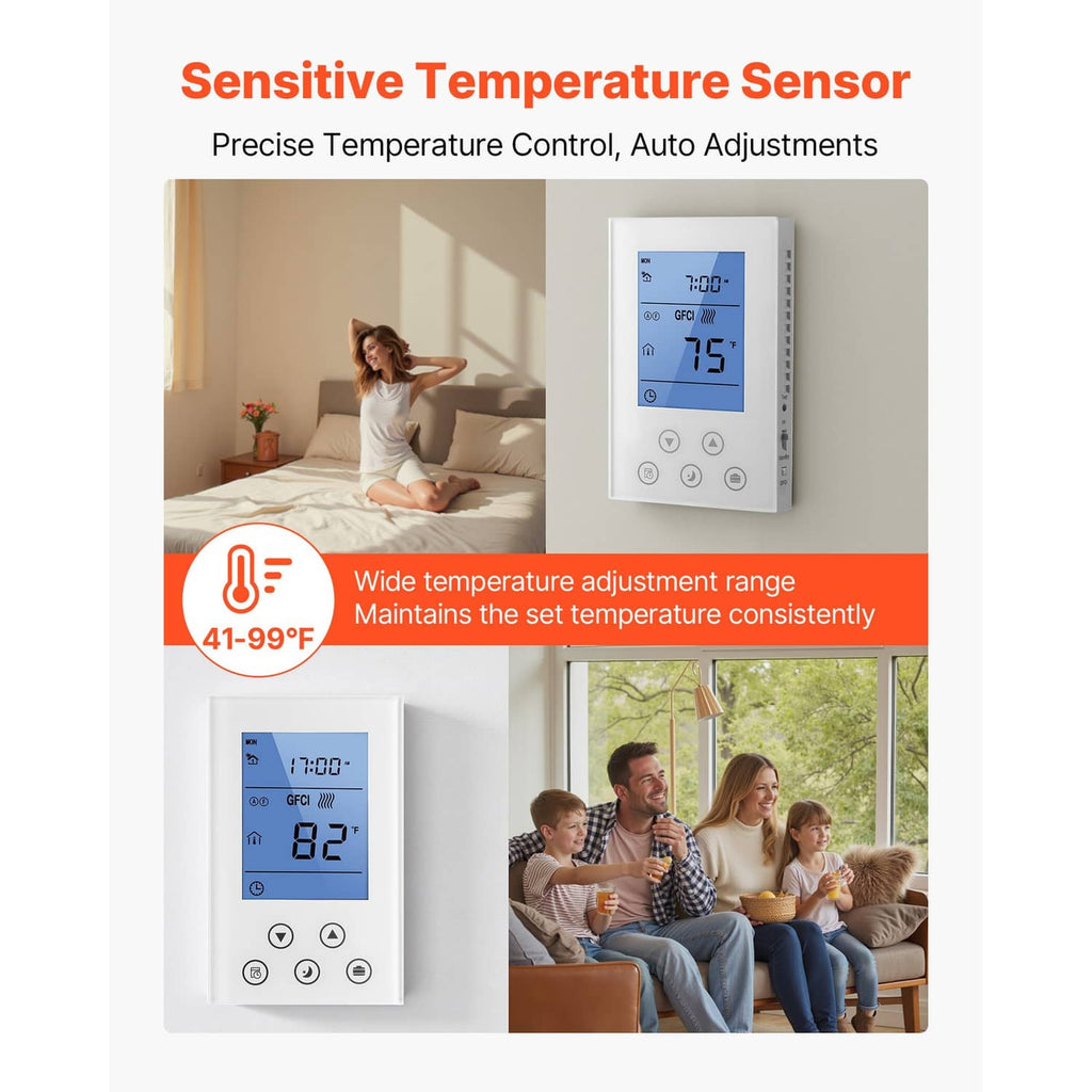 White programmable thermostat with blue touchscreen display showing 75°F