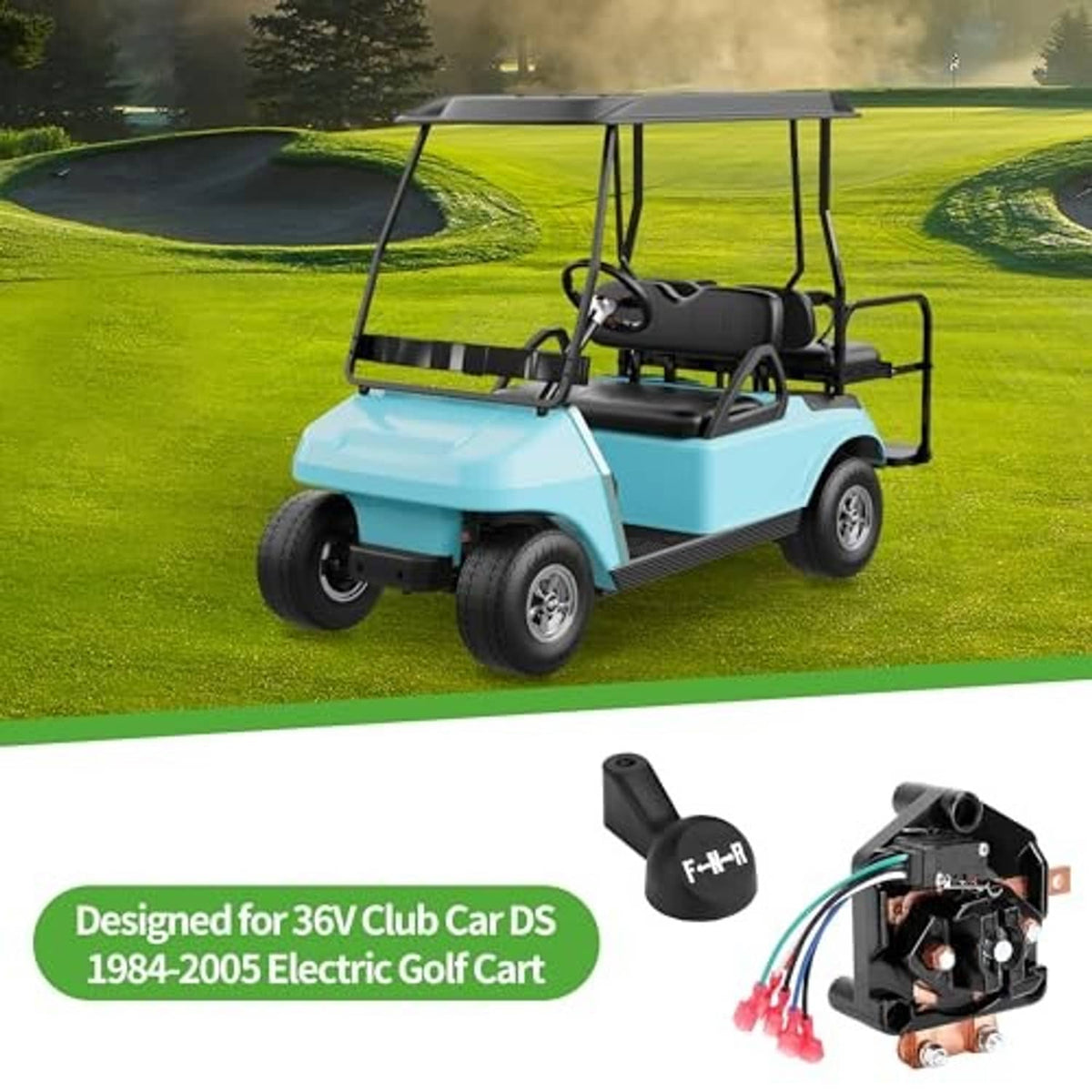Light blue golf cart with forward/reverse switch assembly shown in inset