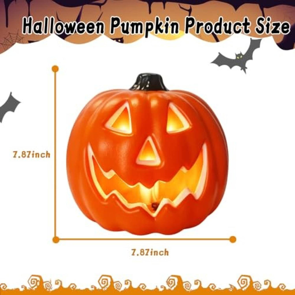 Orange LED jack-o-lantern pumpkin shown with size guide (7.87 in)