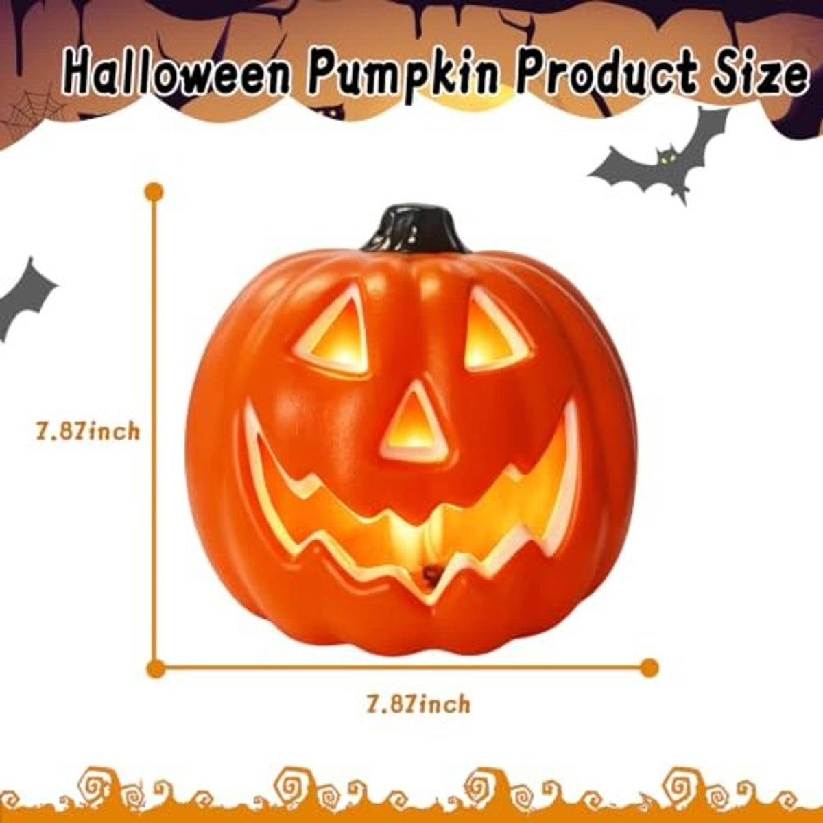Orange LED jack-o-lantern pumpkin shown with size guide (7.87 in)