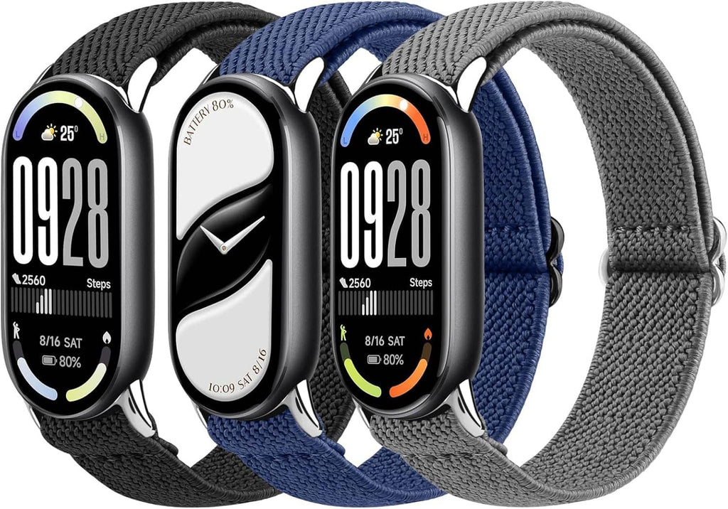 Three smartwatch bands with black, blue, and gray woven straps