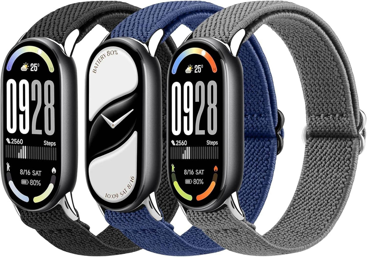 Three smartwatch bands with black, blue, and gray woven straps