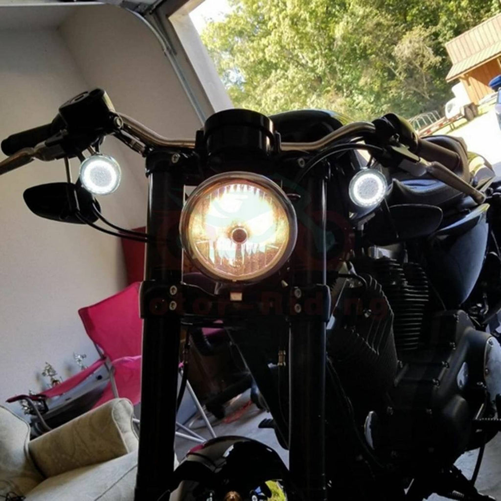 Motorcycle front turn signal lights with white LED glow and silver lens housing
