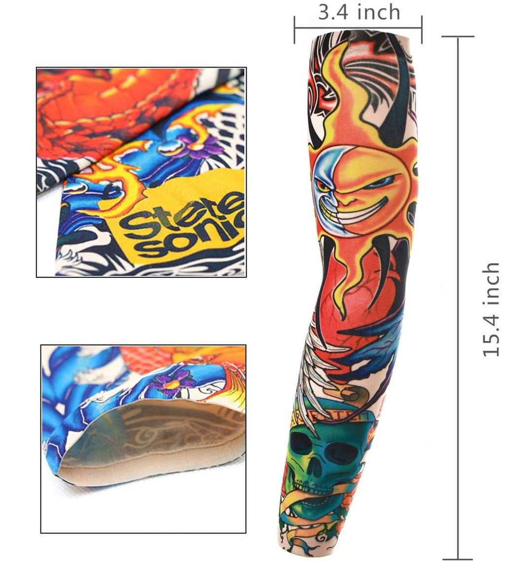 Single tattoo arm sleeve with colorful flame and character artwork, elastic fit