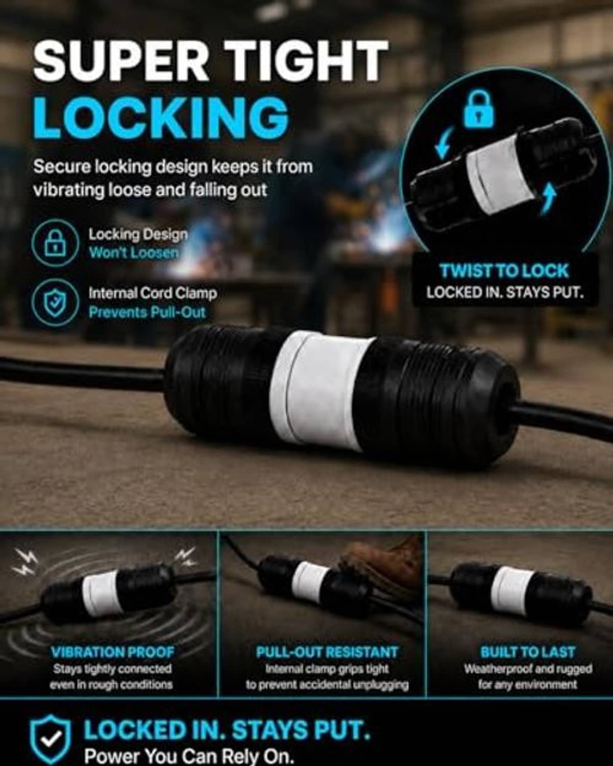 Twist-lock locking connector with black body and white band, secured in place