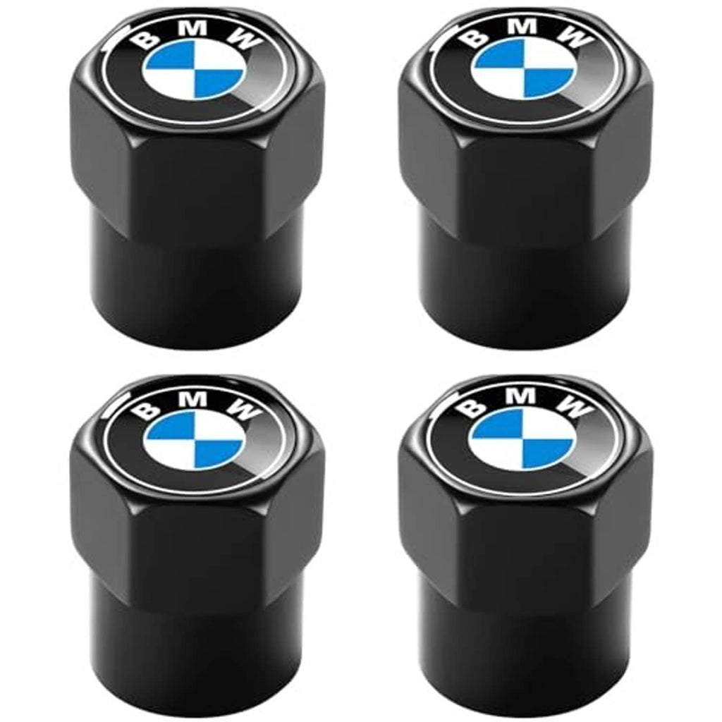 Black tire valve stem caps, four-pack, BMW emblem on hexagonal cap tops