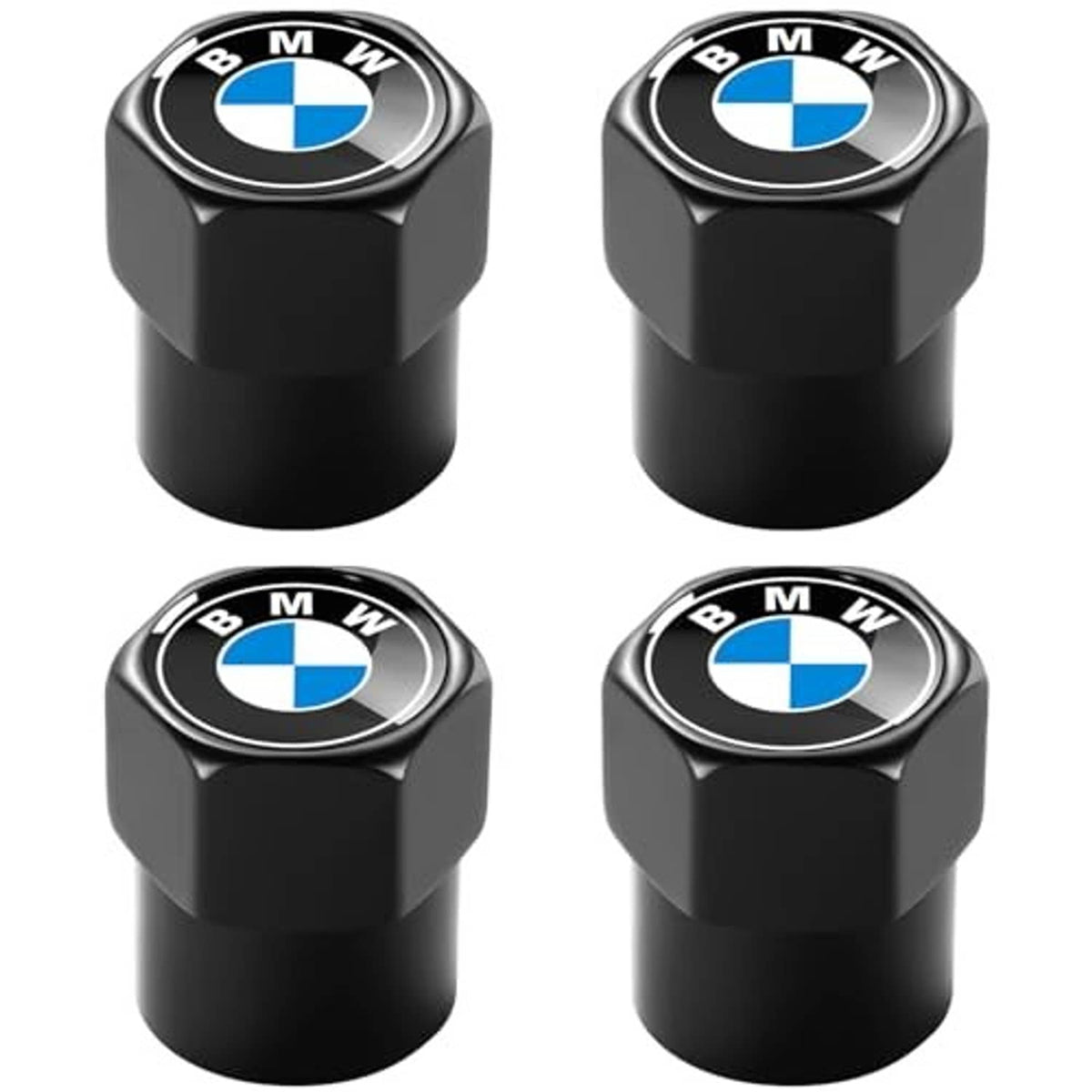 Black tire valve stem caps, four-pack, BMW emblem on hexagonal cap tops