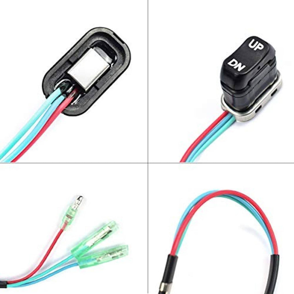 Tilt trim switch detail: black housing with UP/DN buttons and multicolor wire leads
