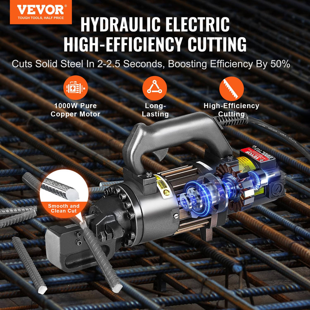 Hydraulic electric rebar cutter with front cutting head and power cable