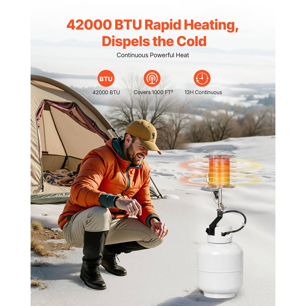 Portable propane tank heater with burner and hose connection in outdoor setting