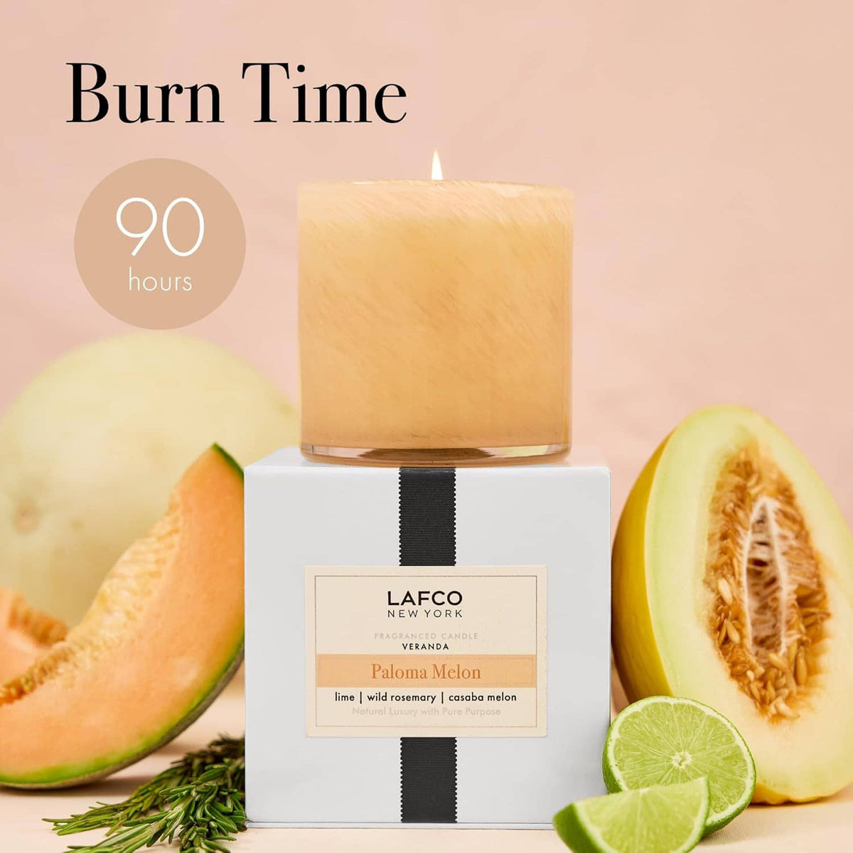 Candle with light amber wax in glass top, shown with LAFCO Paloma Melon box.