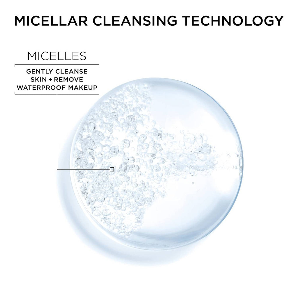 Micellar cleansing technology: circular clear gel swatch with visible bubbles.