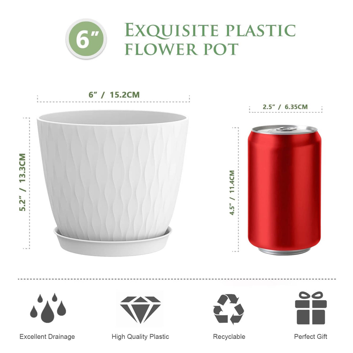 White 6-inch flower pot with textured sides and raised drainage base