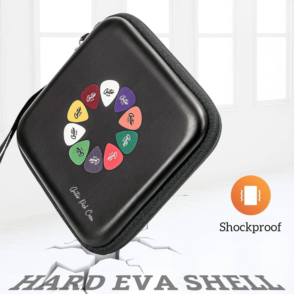Black hard-shell guitar pick case with colorful pick-shaped logo on the front