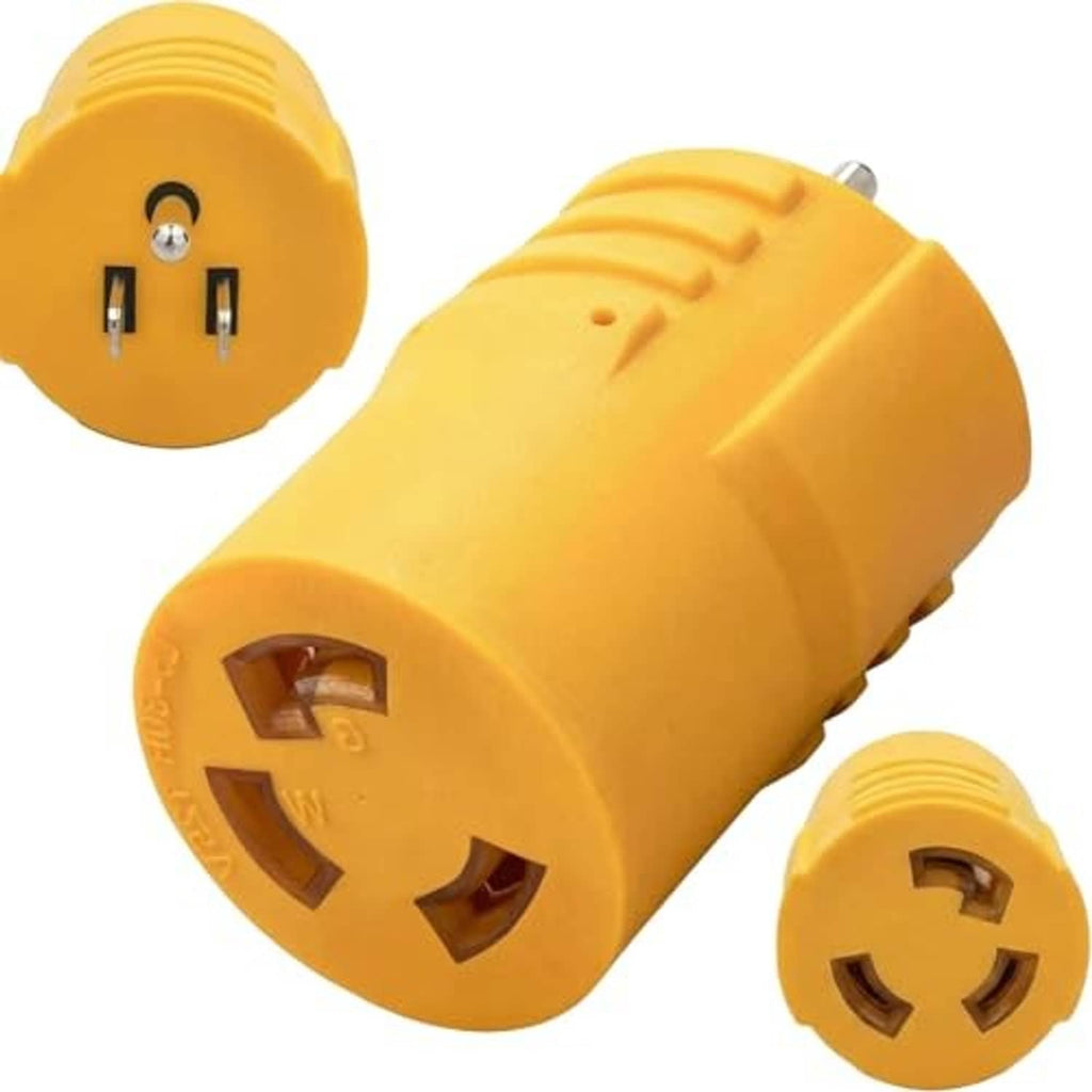 Yellow NEMA-style generator adapter with twist-lock body and plug ends shown