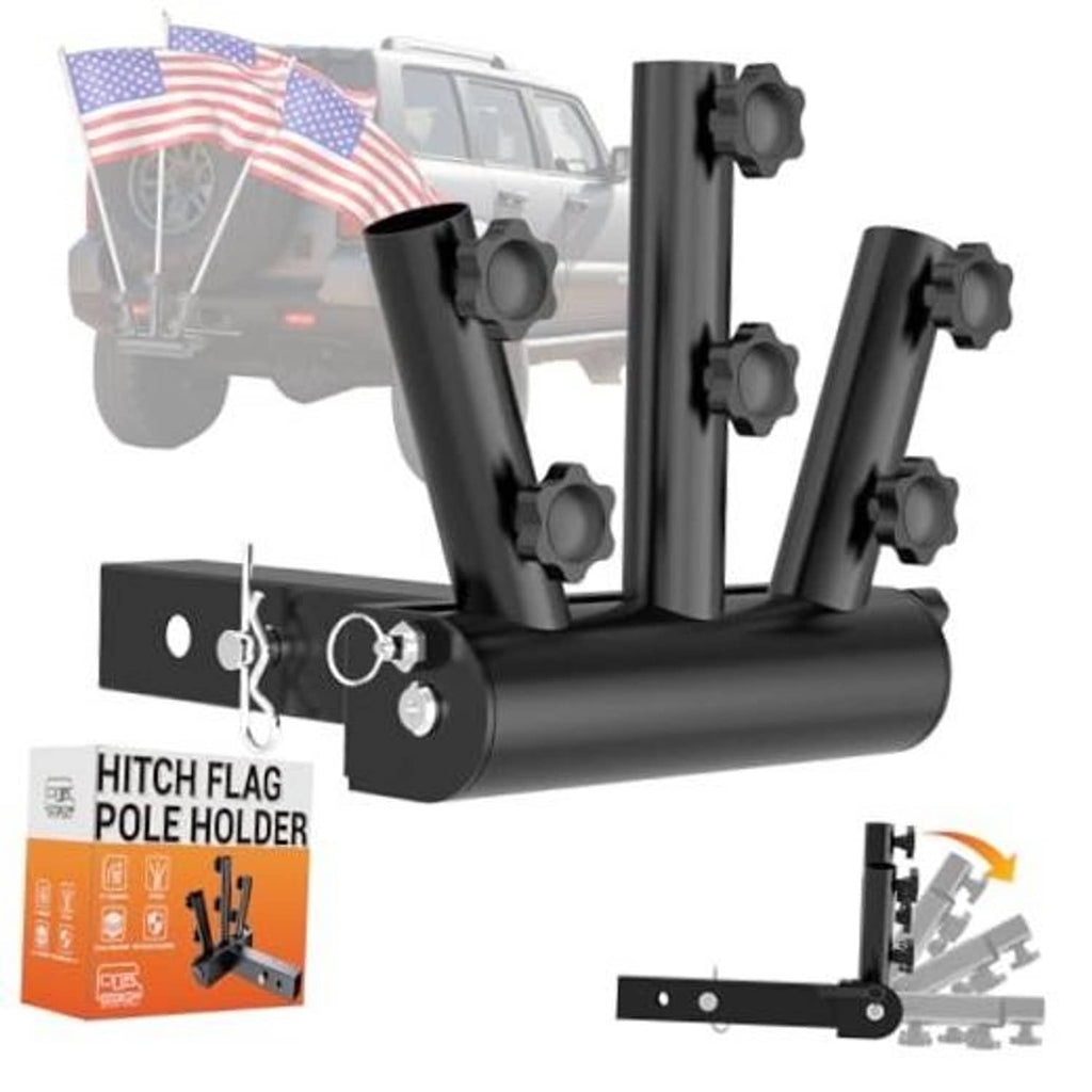 Triple hitch flag pole holder with three adjustable black mounts for truck receiver
