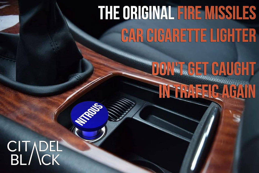 Blue nitrous button car cigarette lighter in dashboard console with wooden trim