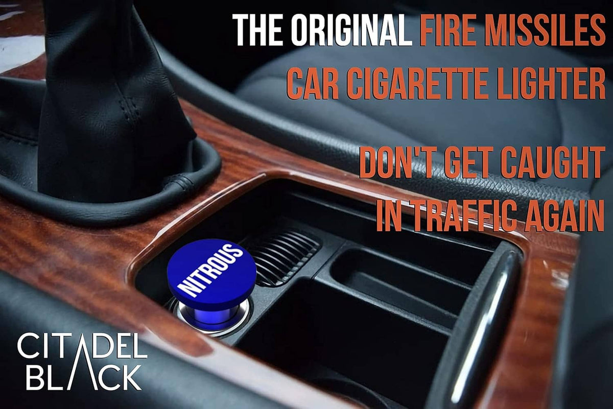Blue nitrous button car cigarette lighter in dashboard console with wooden trim