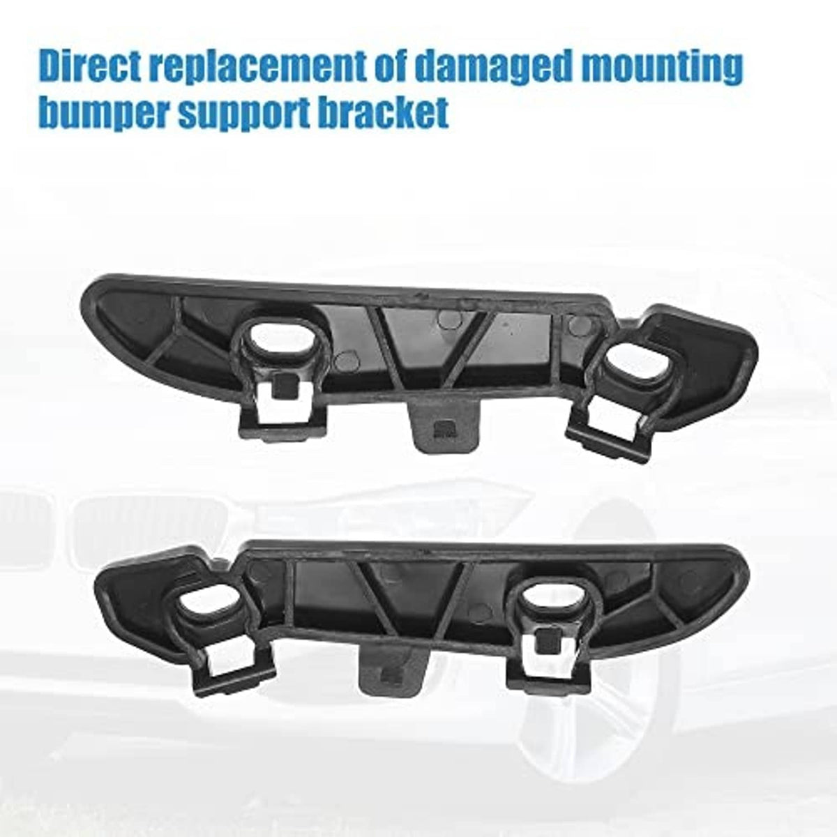 Front bumper mounting support bracket pair with snap tabs and circular holes